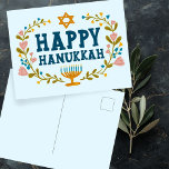 Postal FELIZ Personalizable judío por la floral HANUKKAH<br><div class="desc">Dibujé texto a mano y flores por mí para ti. Añade tu propio texto al dorso de la postal o cambia los colores de fondo. Para más diseños y colores,  revisa mi tienda! O hazme saber si quieres algo personalizado. ¡Pregúntale si no encuentras lo que necesitas! :)</div>