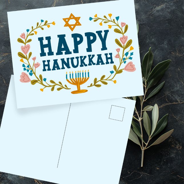 Postal FELIZ Personalizable judío por la floral HANUKKAH (HAPPY HANUKKAH floral wreath Jewish Customizable Postcard
)