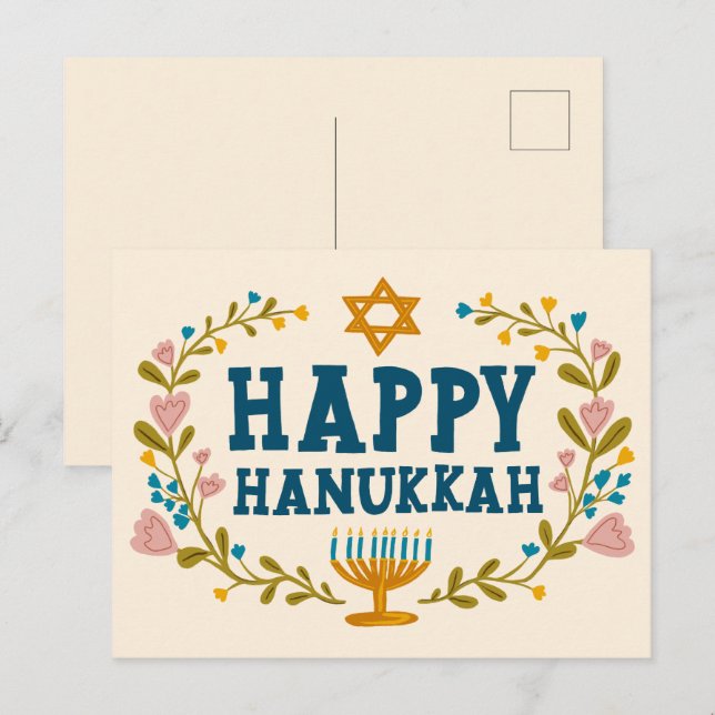 Postal FELIZ Personalizable judío por la floral HANUKKAH (Anverso / Reverso)