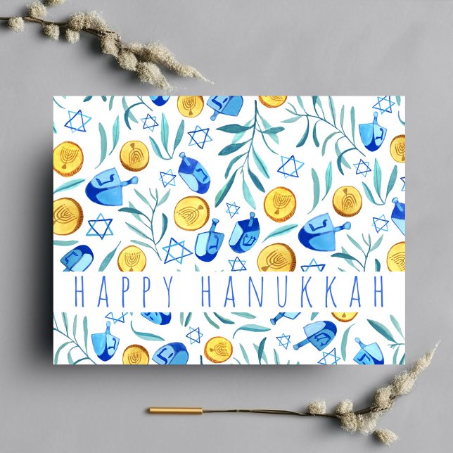 Postal Feliz PERSONALIZADO de acuarela de Hanukkah Driede (Custom watercolor pattern Happy Hanukkah postcard)