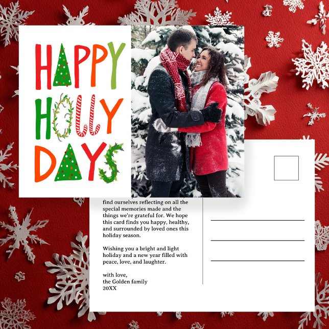 Postal FELIZ PERSONALIZADO de Navidades de navidad de Día (HAPPY HOLLY DAYS Hand-drawn Cute Holiday Xmas Christmas CUSTOM Photo Postcard
)