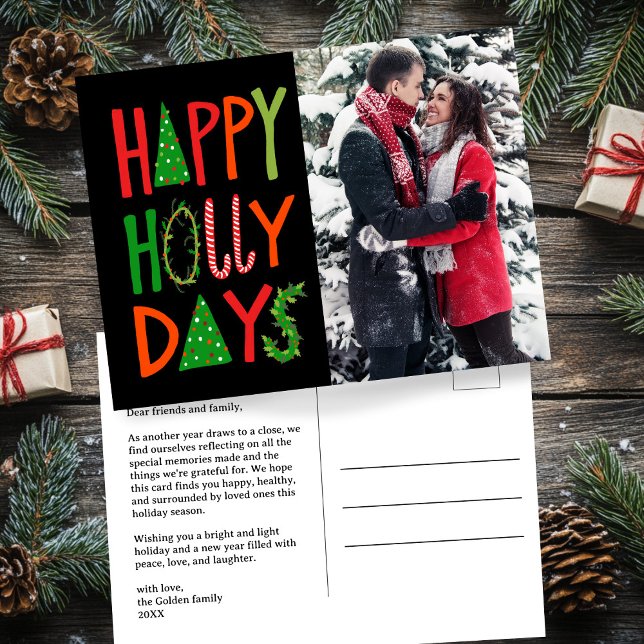 Postal FELIZ PERSONALIZADO de Navidades de vacaciones de  (HAPPY HOLLY DAYS Hand-Drawn Lettering Holiday Xmas Christmas CUSTOM Photo Postcard
)