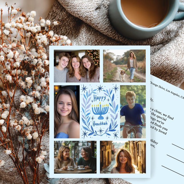 POSTAL FELIZ PERSONALIZADO HANUKKAH 6 FESTIVAL FOTOGRÁFIC (HAPPY HANUKKAH CUSTOM 6 PHOTO Collage Holiday Postcard
)