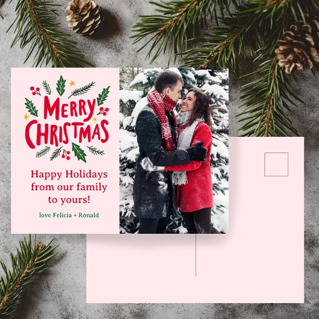 Postal FELIZ PERSONALIZADO navideño de NAVIDAD (MERRY CHRISTMAS Hand-Drawn Holiday CUSTOM PHOTO  Lettering Postcard
)