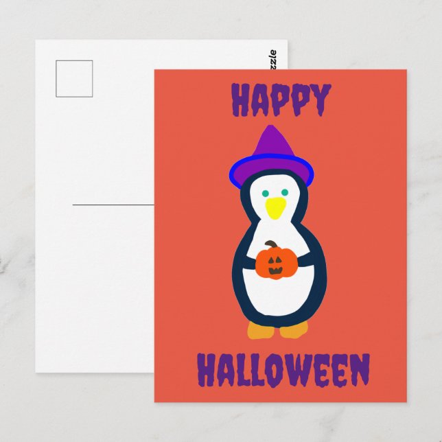 Postal Feliz Pingüino de Halloween (Anverso / Reverso)