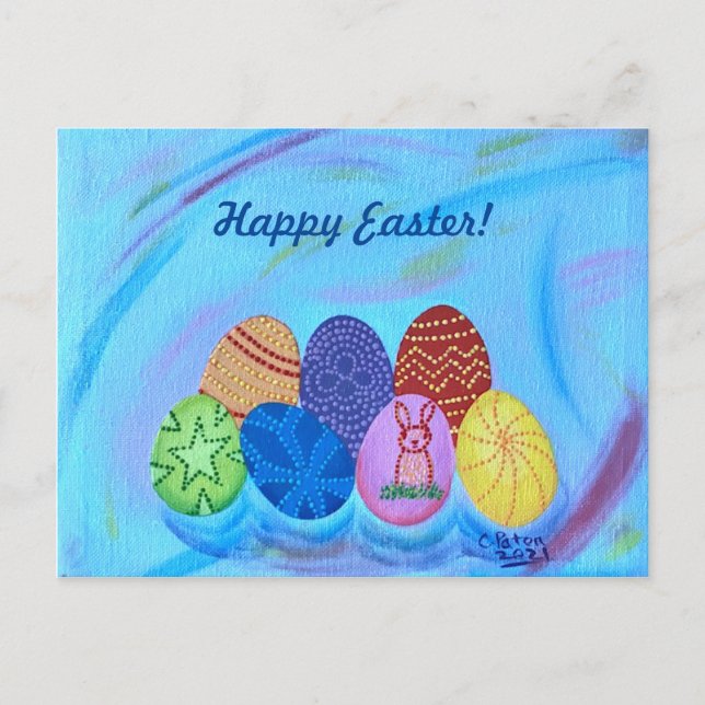 Postal Feliz Pointillismo decorativo de Pascua Huevos Pos (Anverso)
