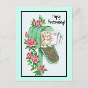 Postal ¡Feliz Postcrossing! Gatito Vintage en Buzón
