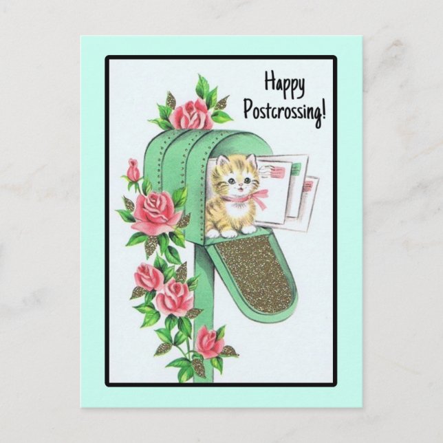 Postal ¡Feliz Postcrossing! Gatito Vintage en Buzón (Anverso)
