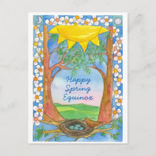 Postal Feliz primavera Equinox Sunshine Bird Trees la nat