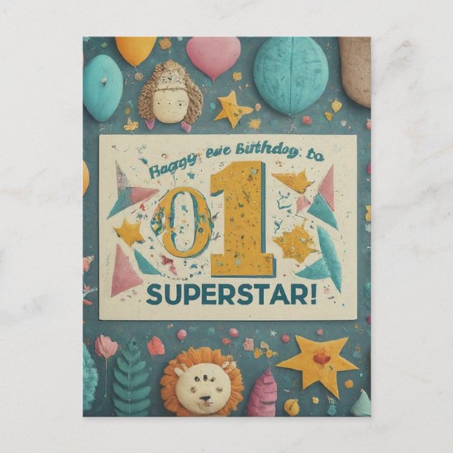 Postal "¡Feliz primer cumpleaños a nuestra pequeña supere (Anverso)