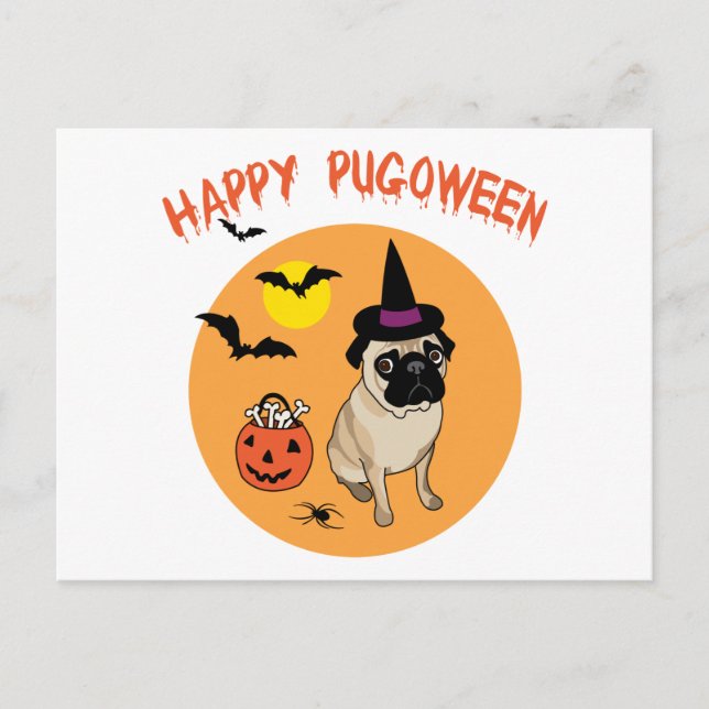 Postal Feliz Pugoween Halloween Pug Tees, regalos (Anverso)