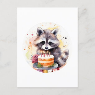 Postal Feliz Raccoon con pastel de cumpleaños