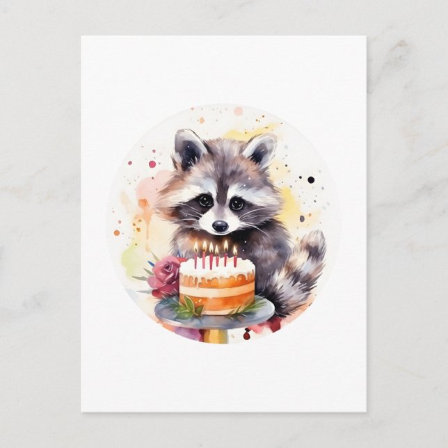 Postal Feliz Raccoon con pastel de cumpleaños (Anverso)