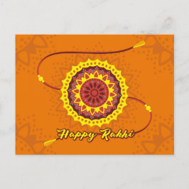 Postal Feliz Raksha Bandhan, naranja, muñeca amarilla