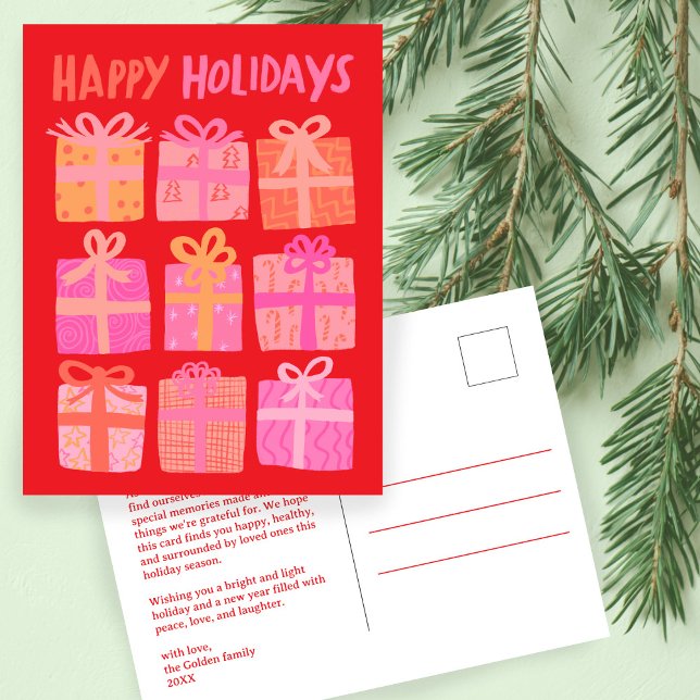 Postal FELIZ Regalos de VACACIONES Presenta PERSONALIZADO (HAPPY HOLIDAYS Gifts Presents Christmas CUSTOM Pink Red Cute Postcard
)
