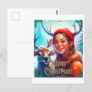 POSTAL FELIZ REINDEDOR DE NAVIDAD CON FELIZ CHICA