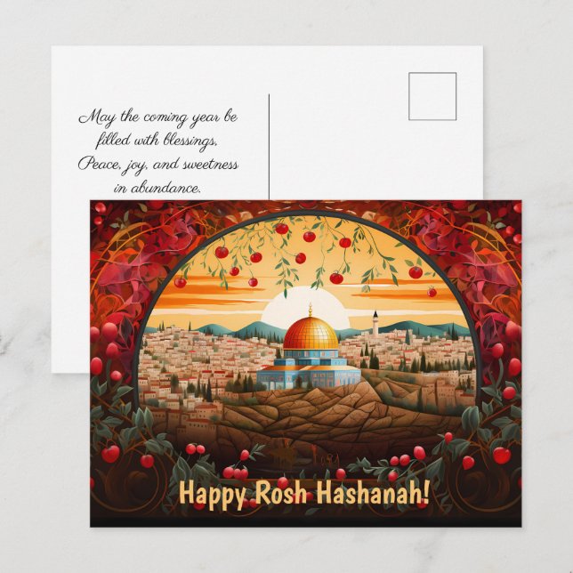 Postal Feliz Rosh Hashanah con Cúpula de Rock y manzanas (Anverso / Reverso)
