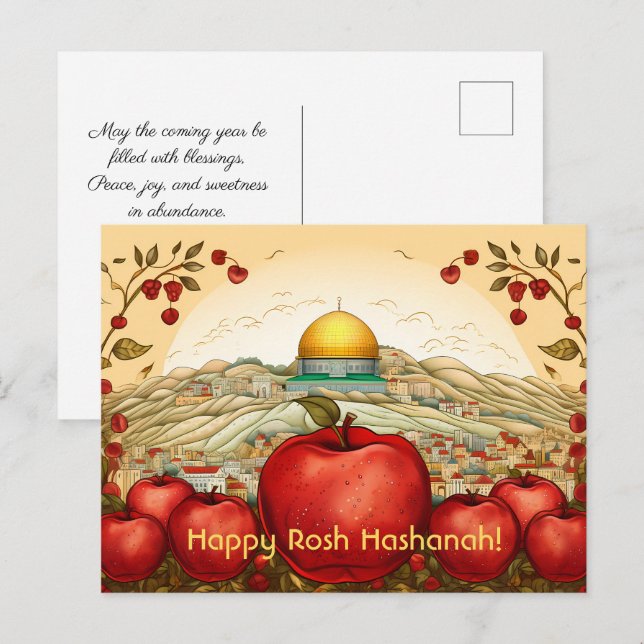 Postal Feliz Rosh Hashanah con manzanas y domo del rock (Anverso / Reverso)