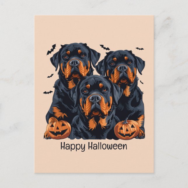 Postal Feliz Rottweiler de Halloween perros Jack O Lanter (Anverso)