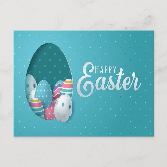 Postal Feliz saludo de huevos blancos rosa azul de Pascua (Anverso)