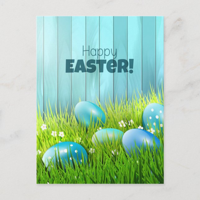 Postal Feliz saludo de Pascua Azul y Huevos blancos (Anverso)