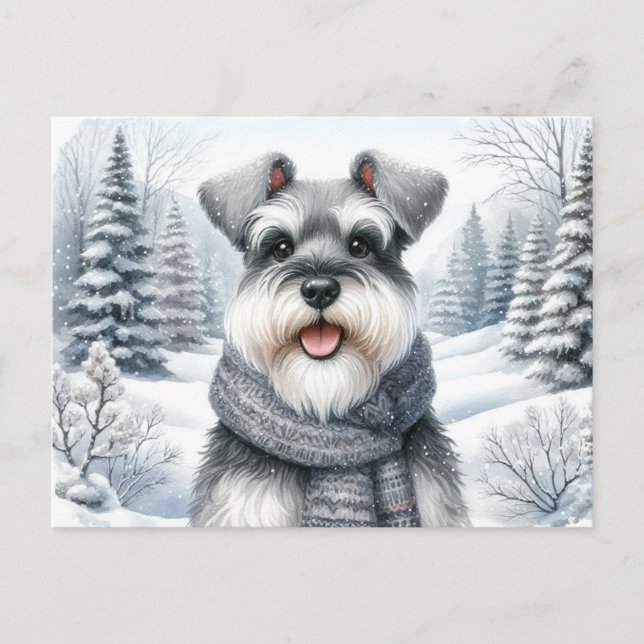 Postal Feliz Schnauzer en un escarpado arte invernal (Anverso)