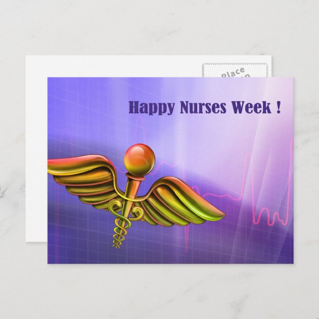 Postal Feliz Semana de las Enfermeras. Caduceus médico (Anverso / Reverso)