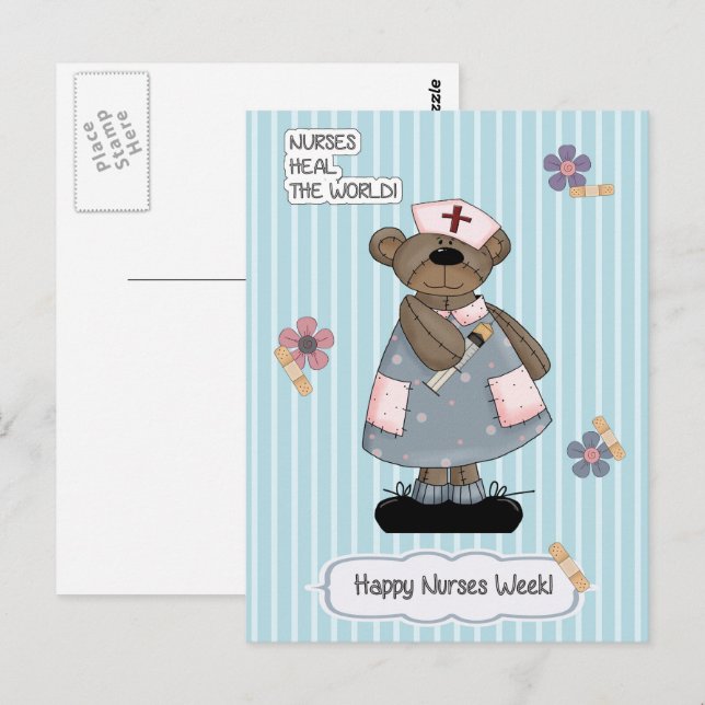 Postal Feliz Semana de las Enfermeras. Cute Teddy Bear (Anverso / Reverso)