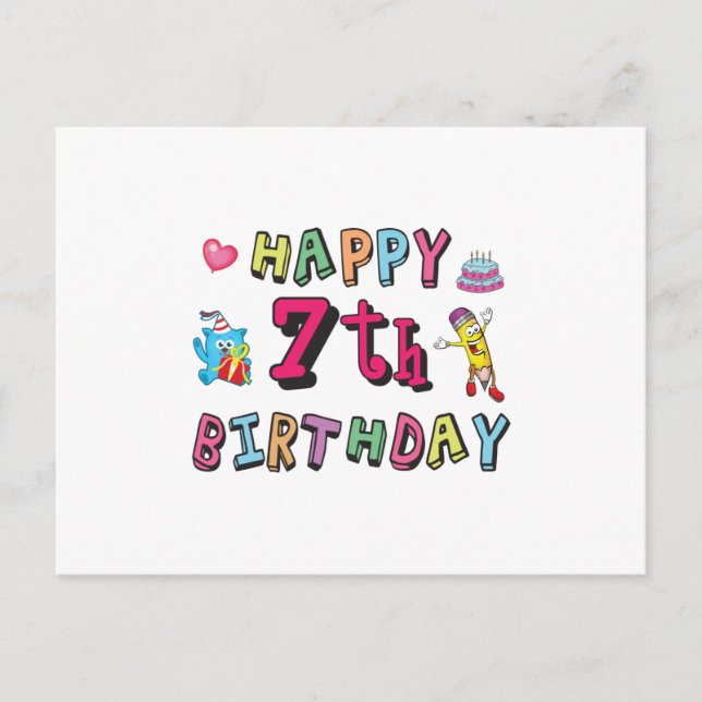 Postal Feliz séptimo cumpleaños, deseos de 7 años (Anverso)