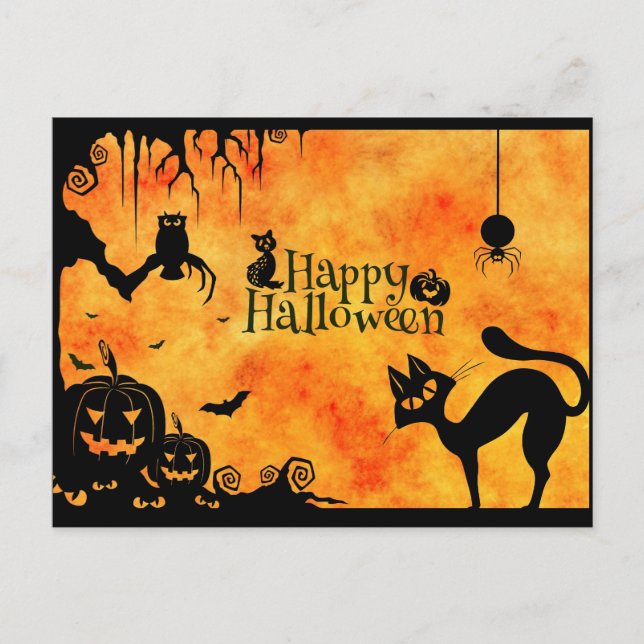 Postal Feliz silueta de Halloween gato negro y amigos (Anverso)