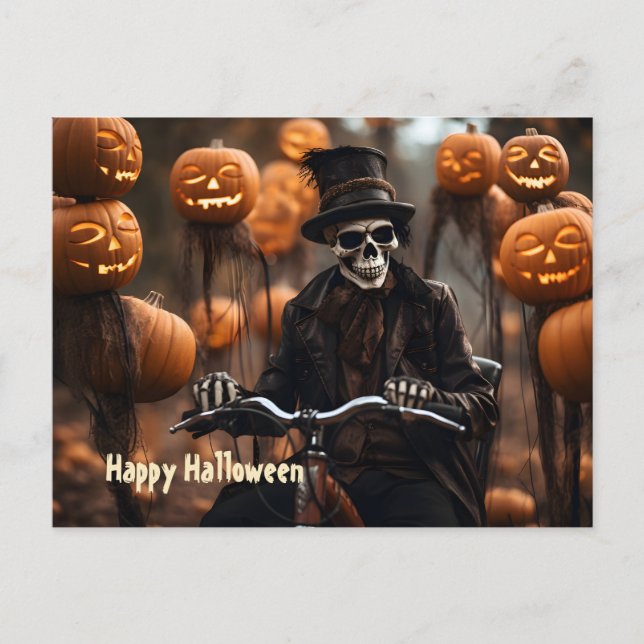 Postal Felíz Skeleton vintage de Halloween, bicicleta mod (Anverso)