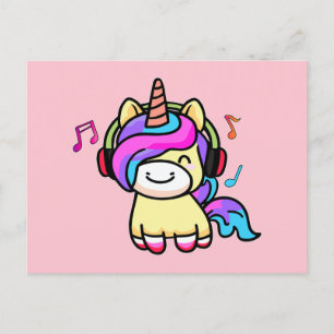 Postal Feliz sonriente bebé unicornio con auriculares.