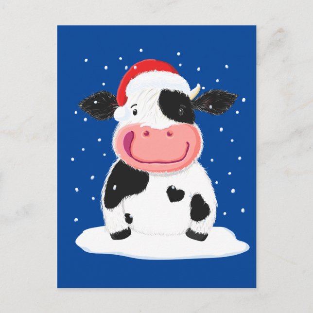 Postal Feliz Vaca Holstein En La Nieve Navidad (Anverso)