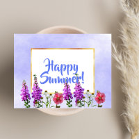 Feliz verano flores rosadas en oro blanco y azul