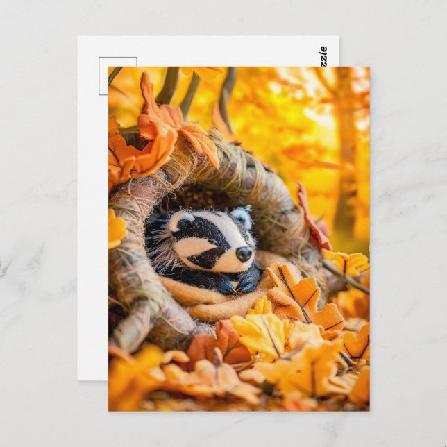 Postal Felt Badger en el bosque otoñal (Anverso / Reverso)