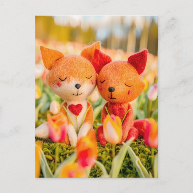 Postal Felt Fox Couple en Tulip Field (Anverso)