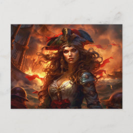 Postal Female Pirate Before Burning Ship Fantasy Painting