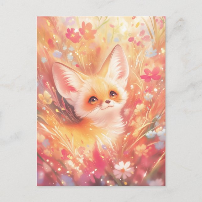 Postal Fennec Fox Peeking Through Pink Wildflower Meadow (Anverso)