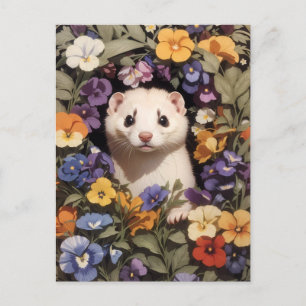 Postal Ferret Cute Enclavado En El Jardín Pansies
