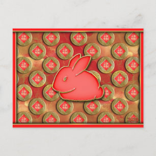 Postal Festiva 福 Fu Símbolo Conejo Rojo Dorado Lindo Año Nuevo Ch
