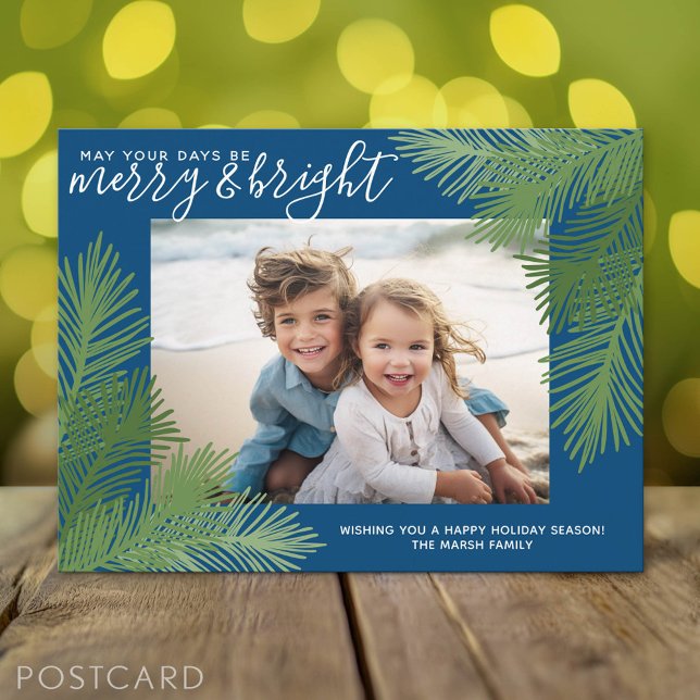 Postal Festiva 1 Foto Merry Bright Caligrafía Navidades modernos (Holiday Photo Postcard)