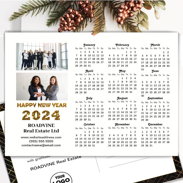 Postal Festiva 2024 Business 2 Photo Modern Gold Script Calendar (Subido por el creador)
