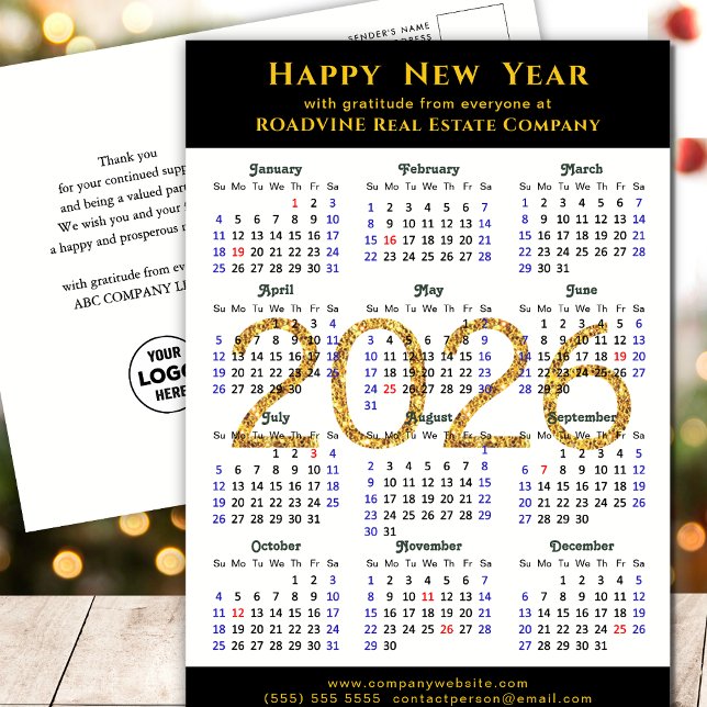 Postal Festiva 2025 Business Calendar Modern Black Gold Purpurina (Subido por el creador)