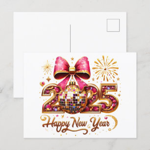 Postal Festiva 2025 Feliz Año Nuevo Disco Ball Rosa
