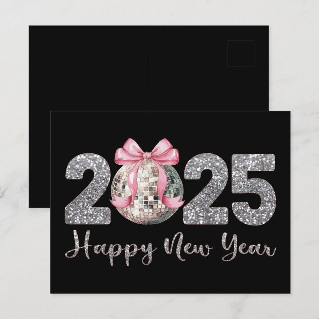 Postal Festiva 2025 Feliz Año Nuevo Disco Ball Rosa (Anverso / Reverso)