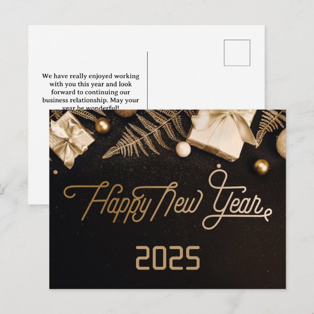 Postal Festiva 2025 Feliz Año Nuevo Personalizado Negro Oro Negoc (Anverso / Reverso)