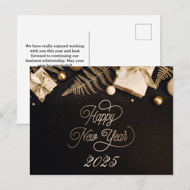 Postal Festiva 2025 Feliz Año Nuevo Personalizado Negro Oro Negoc (Anverso / Reverso)