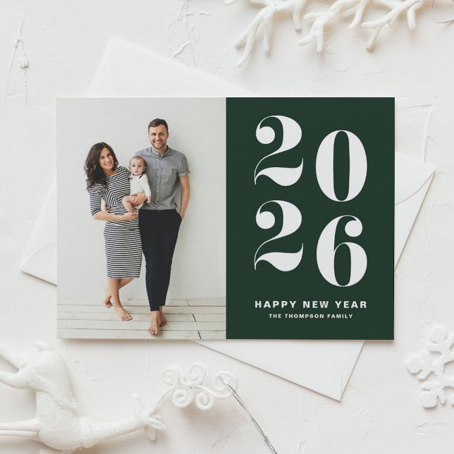 Postal Festiva 2026 Dark Green Bold Typography New Year Photo (Ring in 2026 with this green Happy New Year Photo Postcard featuring retro bold typography.)