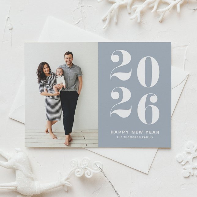 Postal Festiva 2026 Dusty Blue Bold Typography New Year Photo (Ring in 2026 with this dusty blue Happy New Year Photo Postcard featuring retro bold typography.)