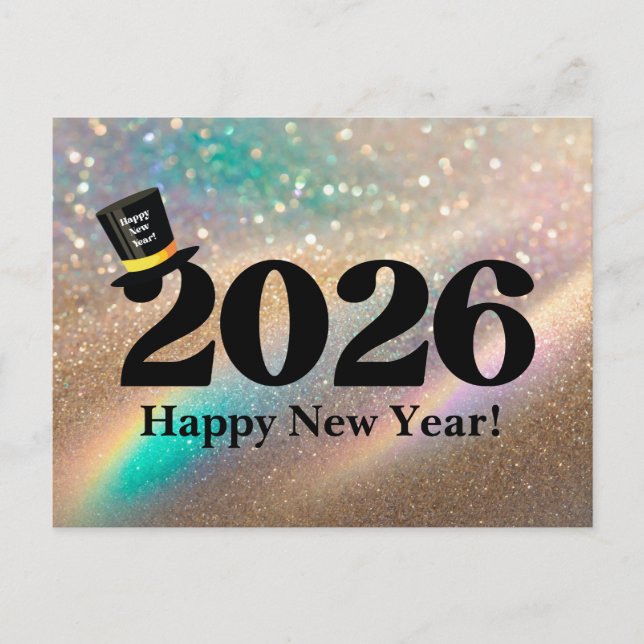 Postal Festiva 2026 feliz año nuevo, gorra divertido purpurina mo (Anverso)